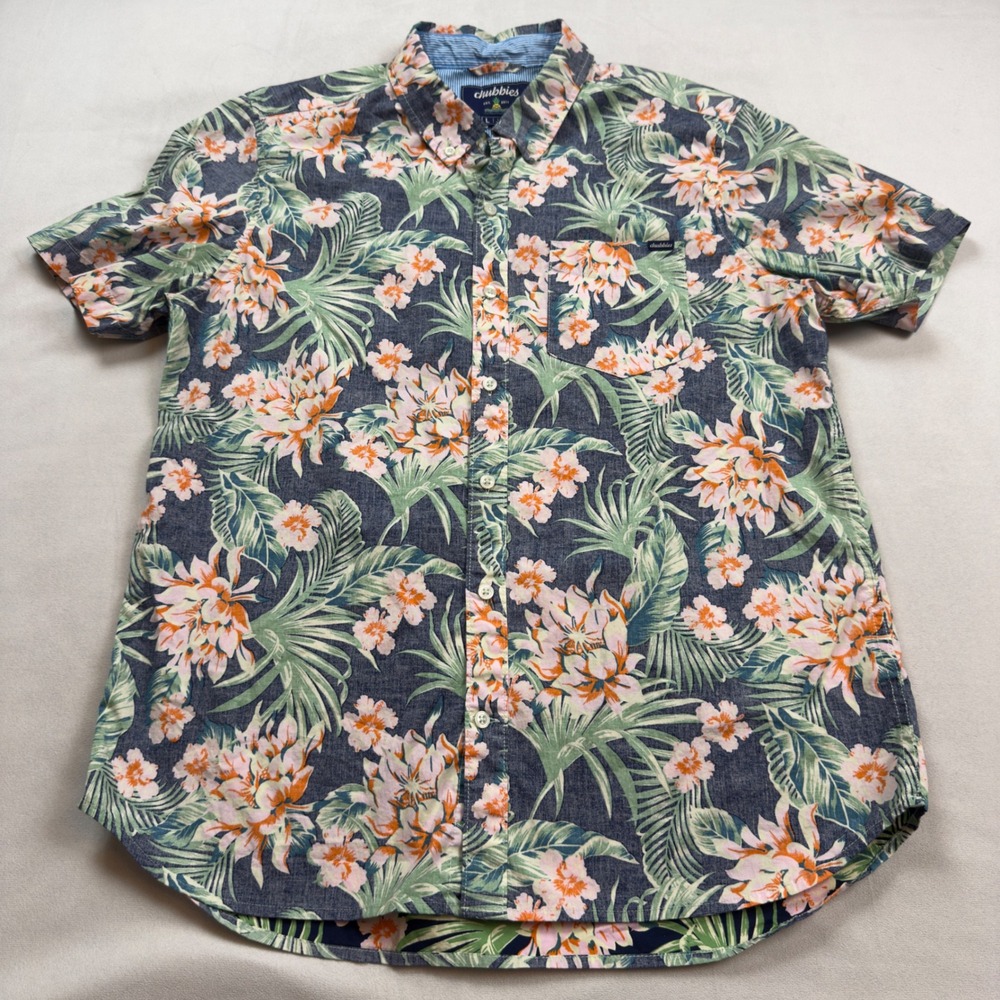 Chubbies Mens Large Tropical Floral Stretch Button Down Shirt Navy Blue